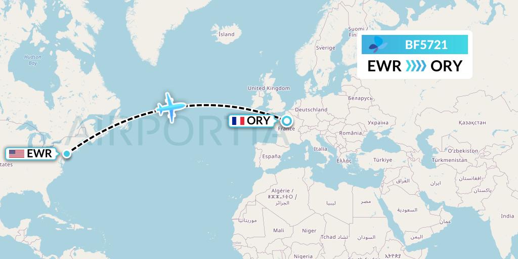 BF5721 French Blue Flight Map: New York to Paris
