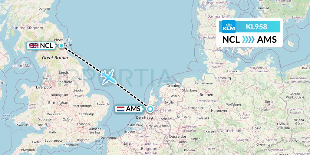 KL958 KLM Flight Map: Newcastle to Amsterdam