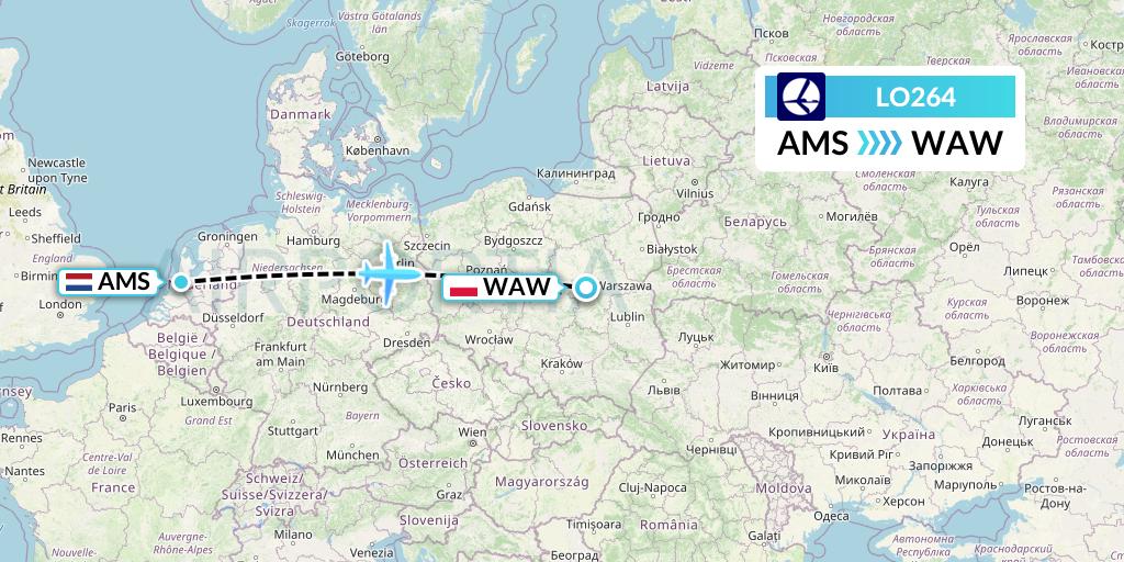 LO264 LOT Flight Map: Amsterdam to Warsaw