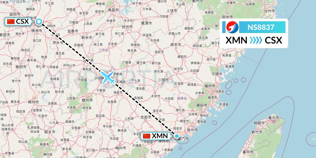 NS8837 Hebei Airlines Flight Map: Xiamen to Changsha
