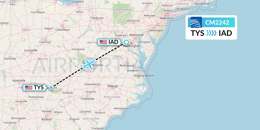 CM2242 Copa Airlines Flight Map: Knoxville to Washington
