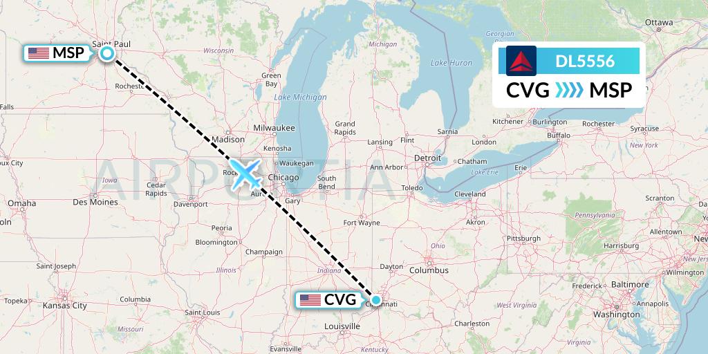 DL5556 Delta Air Lines Flight Map: Cincinnati to Minneapolis