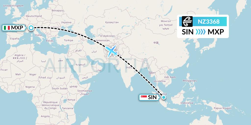 NZ3368 Air New Zealand Flight Map: Singapore to Milan
