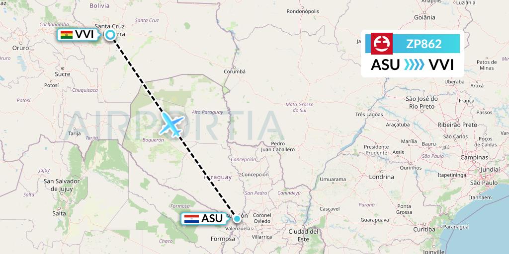 ZP862 Paranair Flight Map: Asuncion to Santa Cruz