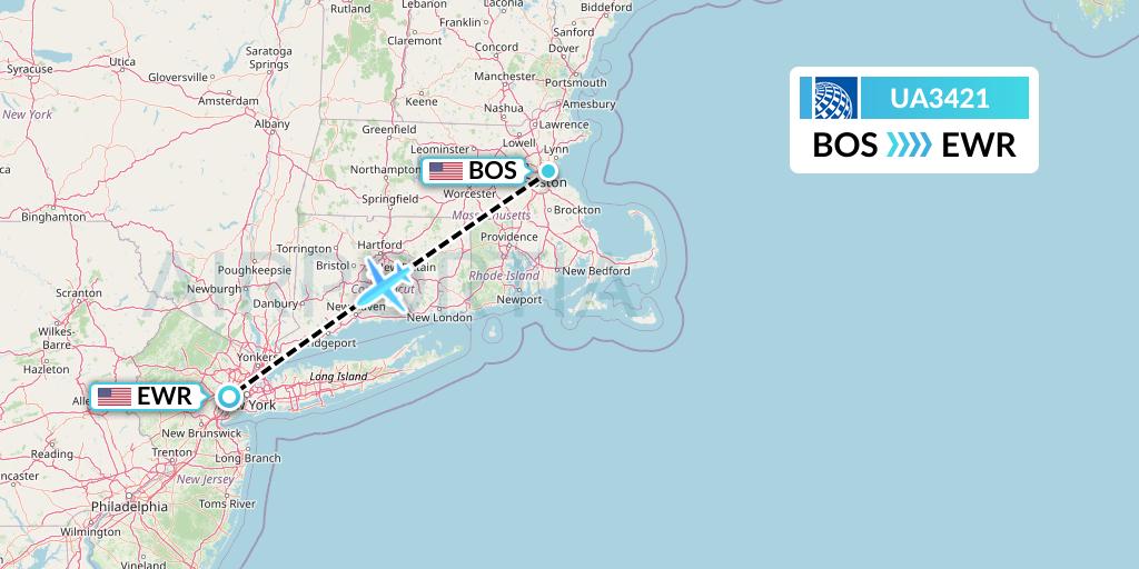 UA3421 United Airlines Flight Map: Boston to New York