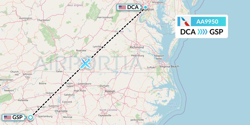 AA9950 American Airlines Flight Map: Washington to Greenville-Spartanburg