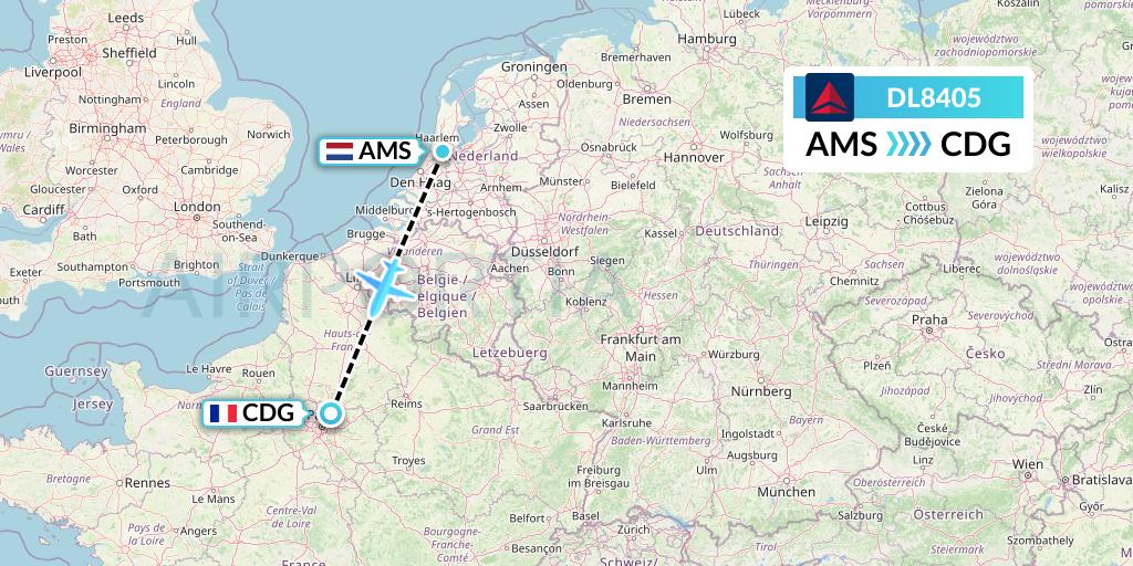 DL8405 Delta Air Lines Flight Map: Amsterdam to Paris