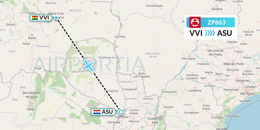 ZP863 Paranair Flight Map: Santa Cruz to Asuncion