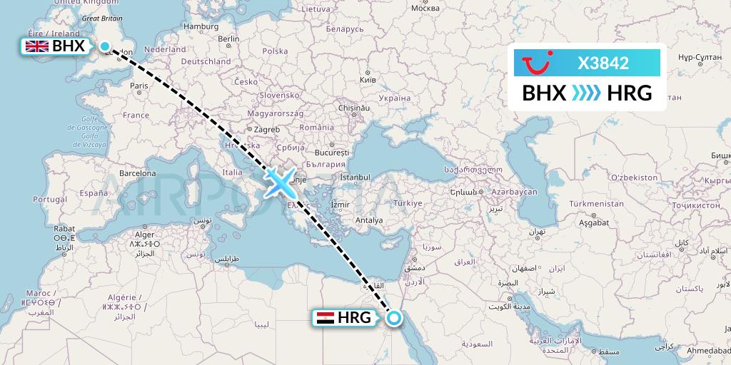X3842 TUI fly Germany Flight Map: Birmingham to Hurghada