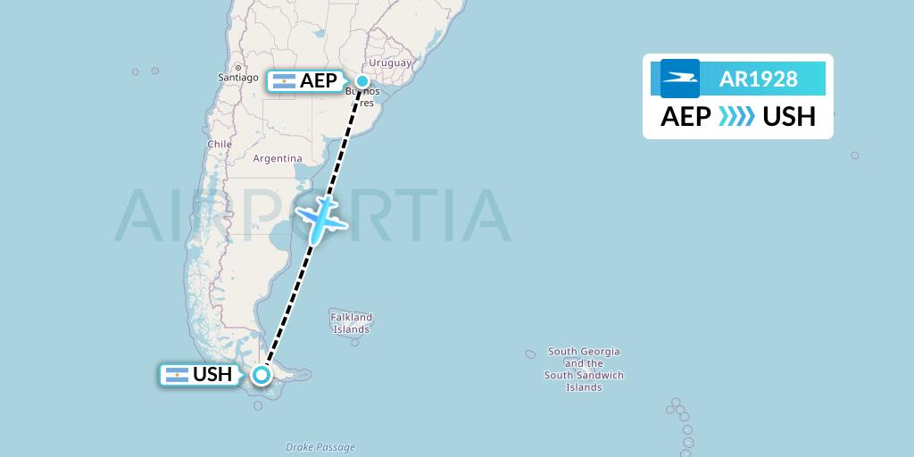 AR1928 Aerolineas Argentinas Flight Map: Buenos Aires to Ushuaia