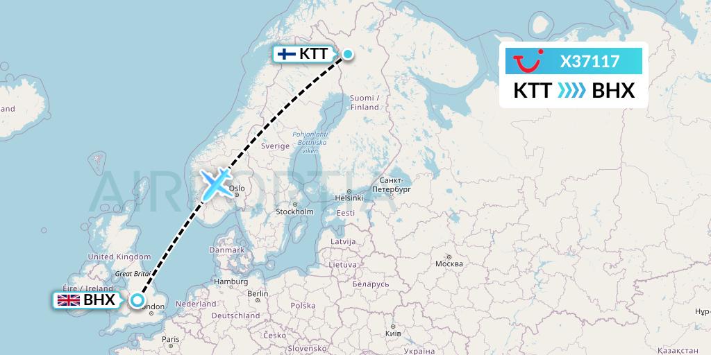 X37117 TUI fly Germany Flight Map: Kittila to Birmingham