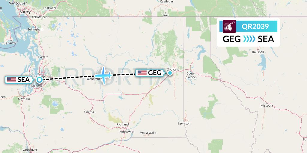 QR2039 Qatar Airways Flight Map: Spokane to Seattle