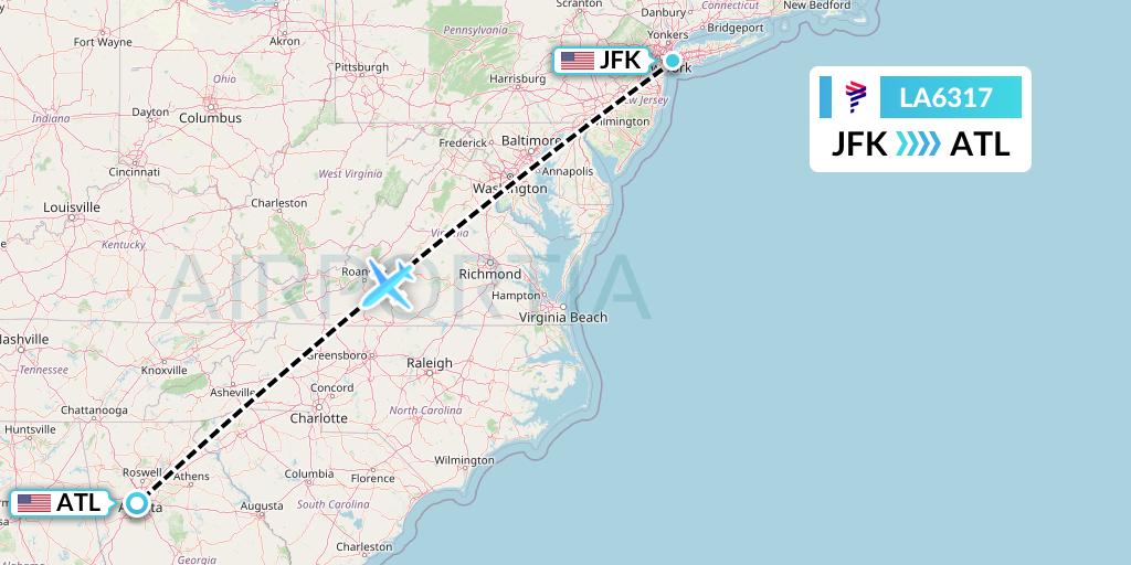 LA6317 LAN Airlines Flight Map: New York to Atlanta