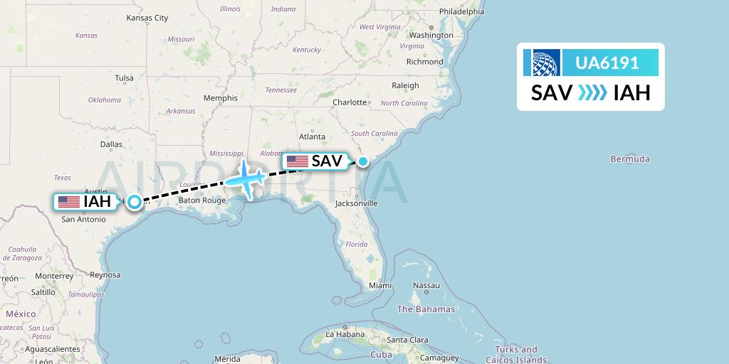UA6191 United Airlines Flight Map: Savannah to Houston