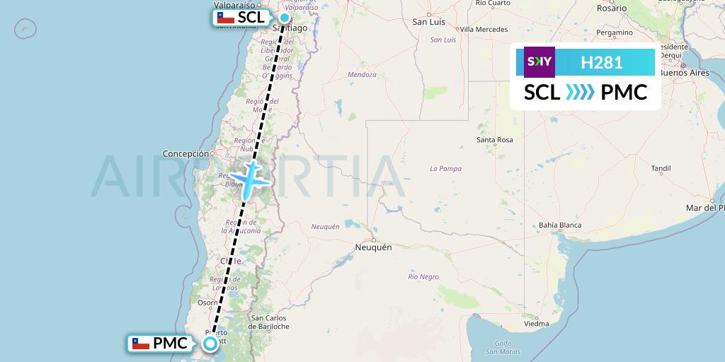 H281 Sky Airline Flight Map: Santiago to Puerto Montt