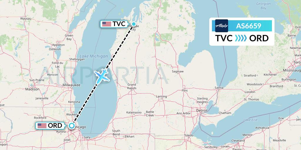 AS6659 Alaska Airlines Flight Map: Traverse City to Chicago