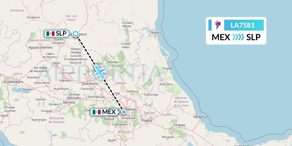 LA7581 LAN Airlines Flight Map: Mexico City to San Luis Potosi
