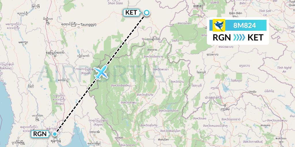 8M824 Myanmar Airways International Flight Map: Yangon to Kengtung