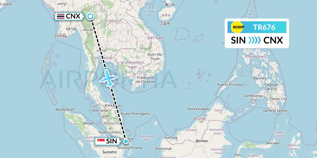 TR676 Tigerair Flight Map: Singapore to Chiang Mai