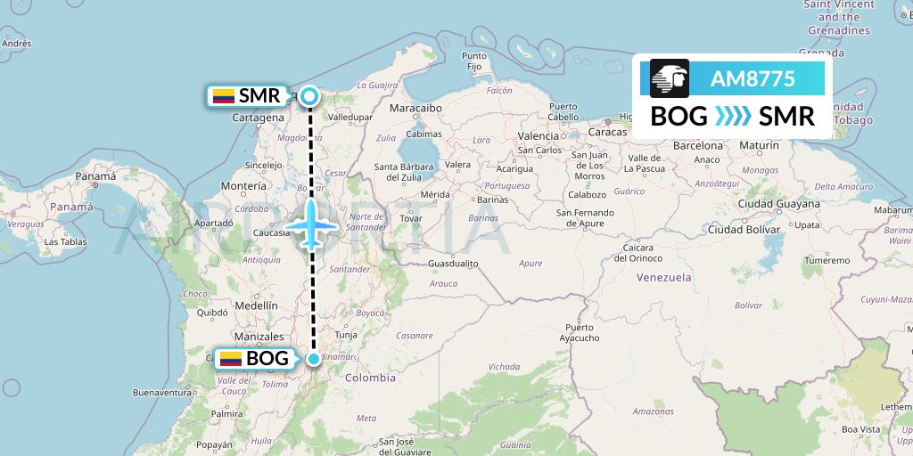 AM8775 Aeromexico Flight Map: Bogota to Santa Marta