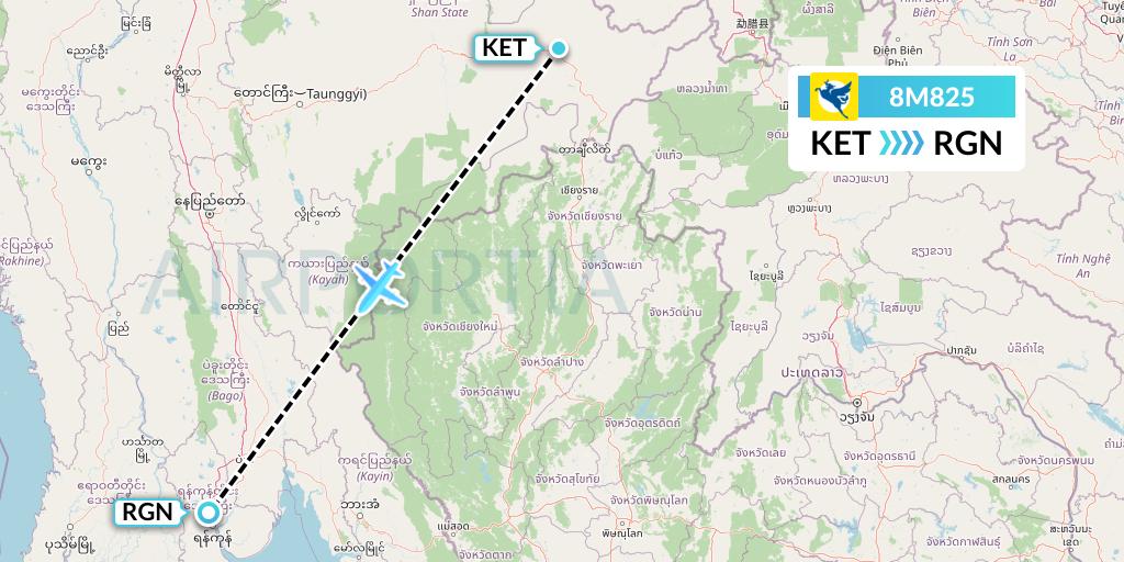 8M825 Myanmar Airways International Flight Map: Kengtung to Yangon