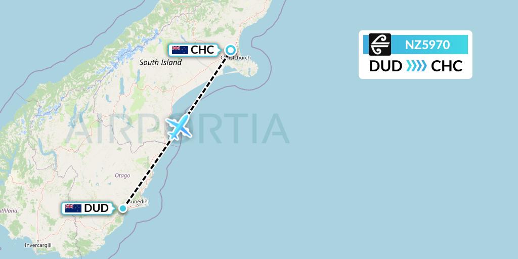 NZ5970 Air New Zealand Flight Map: Dunedin to Christchurch