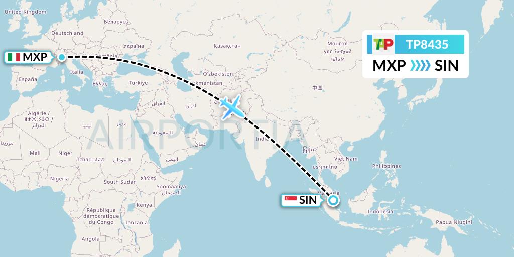 TP8435 TAP Portugal Flight Map: Milan to Singapore