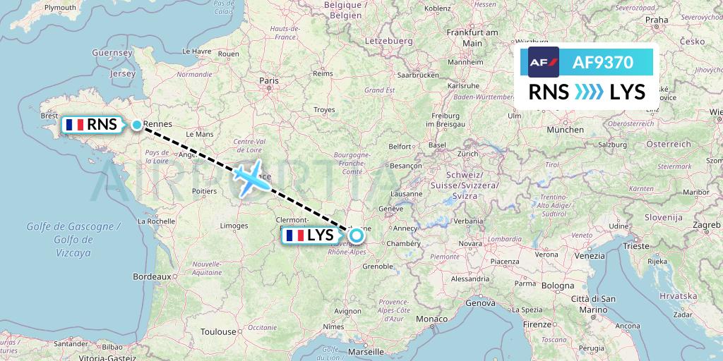 AF9370 Air France Flight Map: Rennes to Lyon