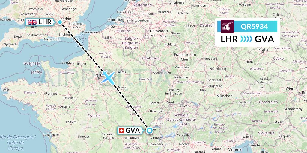 QR5934 Qatar Airways Flight Map: London to Geneva