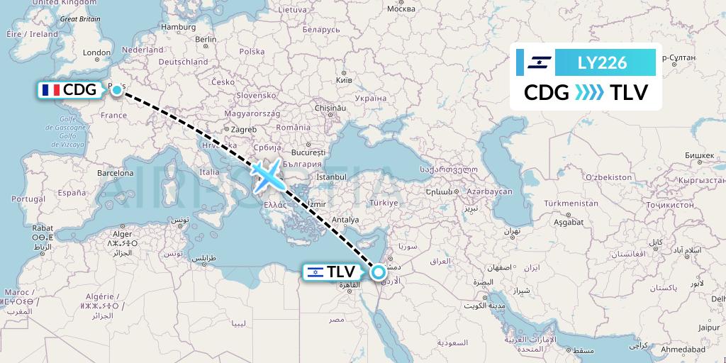LY226 El Al Flight Map: Paris to Tel Aviv