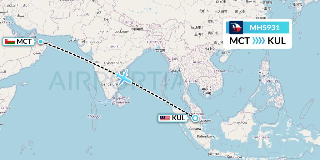 MH5931 Malaysia Airlines Flight Map: Muscat to Kuala Lumpur