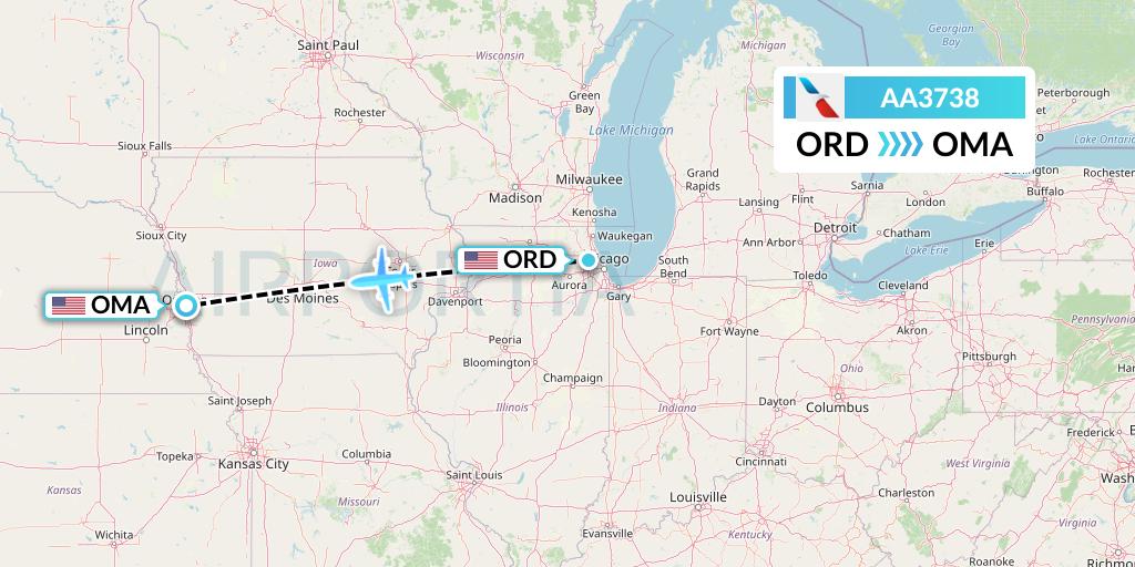 AA3738 American Airlines Flight Map: Chicago to Omaha