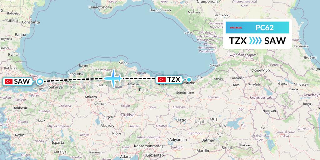 PC62 Pegasus Airlines Flight Map: Trabzon to Istanbul