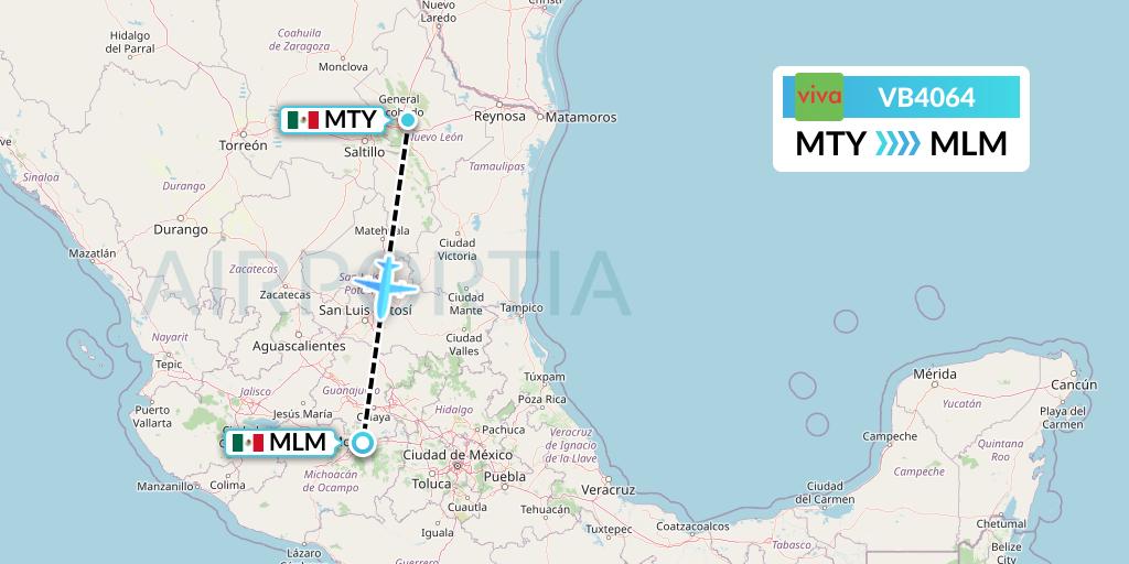 VB4064 VivaAerobus Flight Map: Monterrey to Morelia