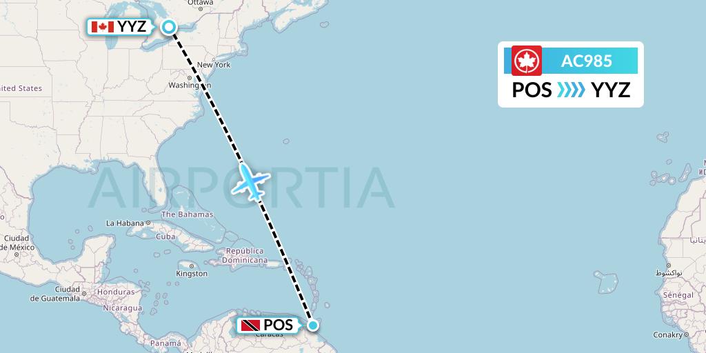 AC985 Air Canada Flight Map: Port of Spain to Toronto