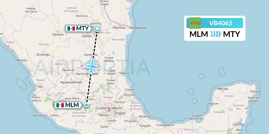 VB4065 VivaAerobus Flight Map: Morelia to Monterrey