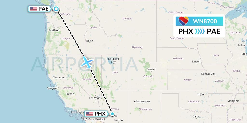 WN8700 Southwest Airlines Flight Map: Phoenix to Everett