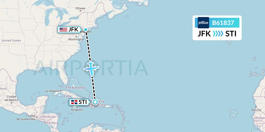 B61837 JetBlue Airways Flight Map: New York to Santiago de los Caballeros