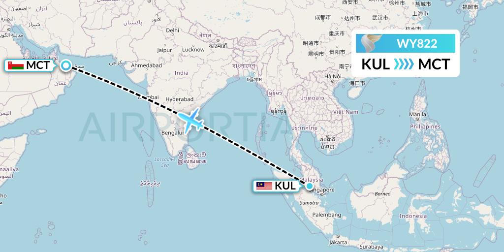 WY822 Oman Air Flight Map: Kuala Lumpur to Muscat