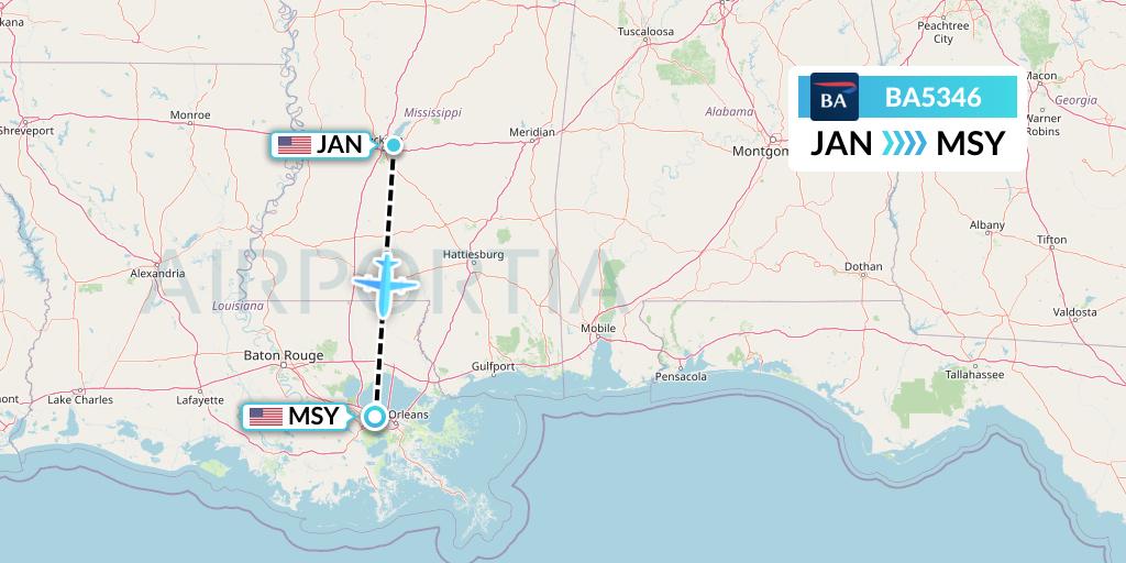 BA5346 British Airways Flight Map: Jackson to New Orleans