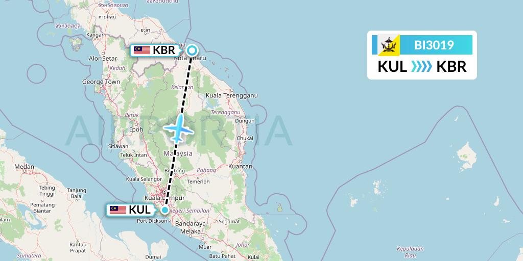 BI3019 Royal Brunei Airlines Flight Map: Kuala Lumpur to Kota Bharu