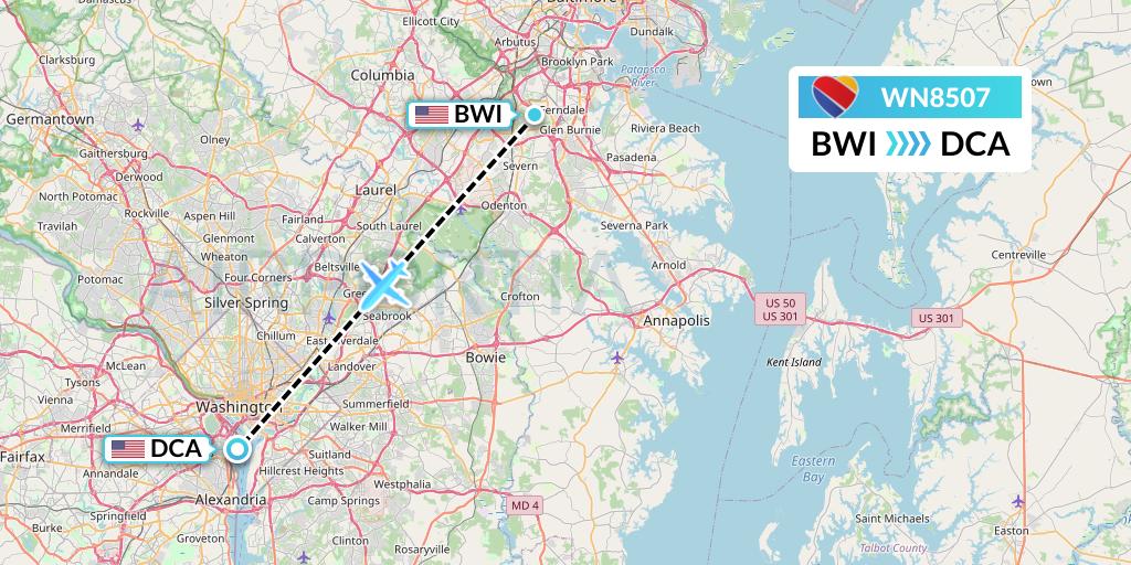 WN8507 Southwest Airlines Flight Map: Baltimore to Washington