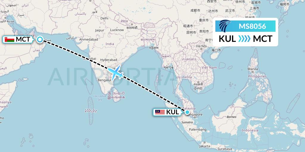 MS8056 EgyptAir Flight Map: Kuala Lumpur to Muscat