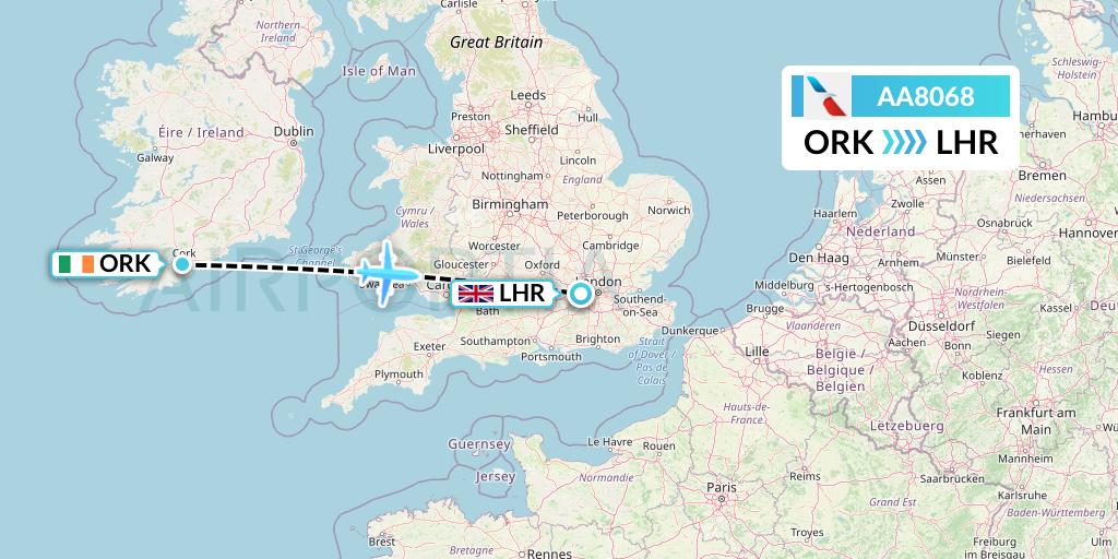 AA8068 American Airlines Flight Map: Cork to London