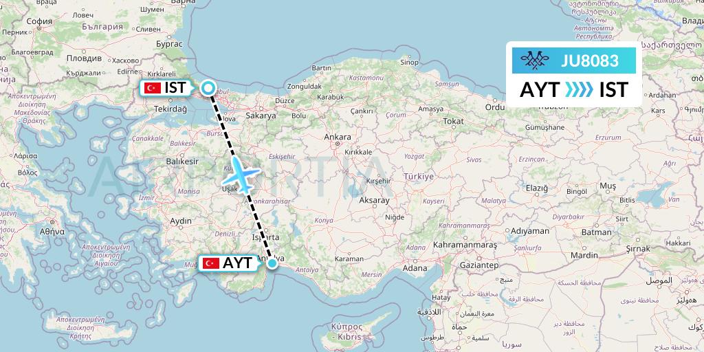 JU8083 Air Serbia Flight Map: Antalya to Istanbul