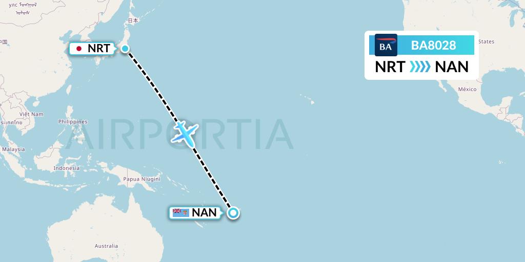 BA8028 British Airways Flight Map: Tokyo to Nadi