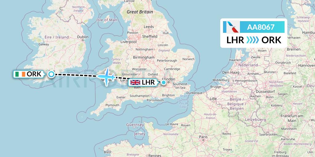 AA8067 American Airlines Flight Map: London to Cork