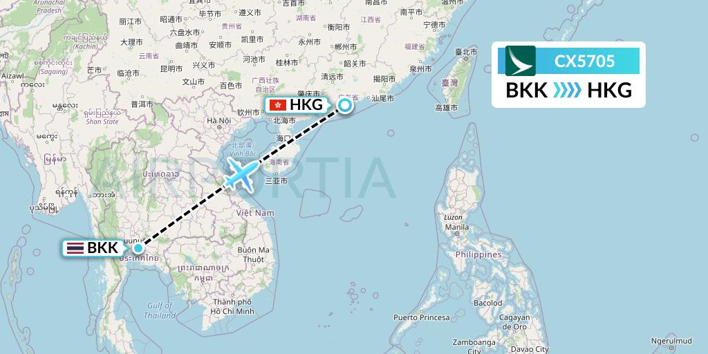 CX5705 Cathay Pacific Flight Map: Bangkok to Hong Kong