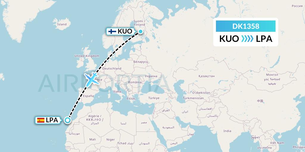 DK1358 Thomas Cook Airlines Scandinavia Flight Map: Kuopio to Las Palmas