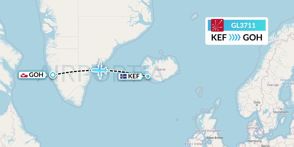 GL3711 Air Greenland Flight Map: Reykjavik to Nuuk
